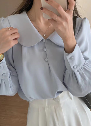 Chic Retro Summer Chiffon Shirt: Doll Collar, Puff Sleeves, Comfortable Style