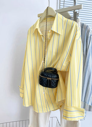 Chic European City Style Striped Oversized Long-Sleeve Casual Polyester Shirt