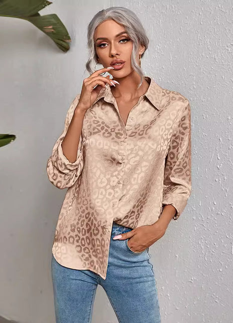 Chic Leopard Print Jacquard Long Sleeve Button-Up Shirt Women's European Style