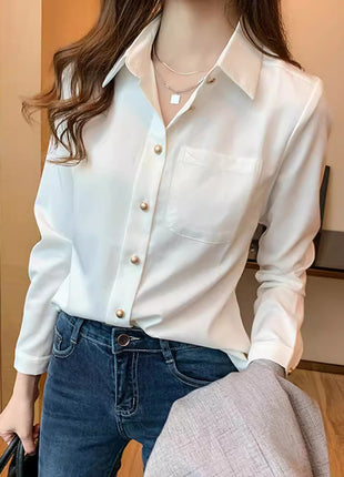 Elegant Women's Chiffon Long-Sleeve Loose Fit Western Style Button-Down Shirt