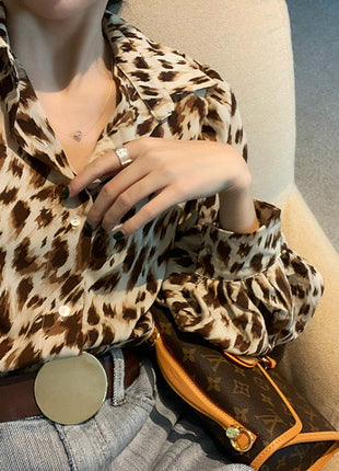 Chic Leopard Print Chiffon Blouse - Loose Fit, Lantern Sleeves, Women's Fashion Top