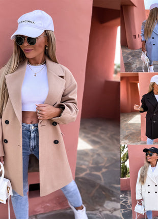 Women's Elegant Wool Blend Double-Breasted Longline Winter Coat Jacket