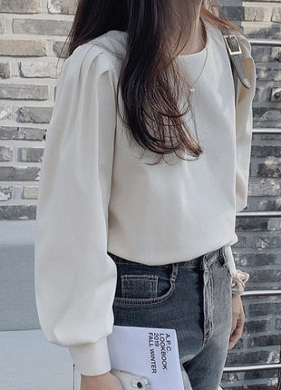 Elegant Korean Style Long Sleeve Round Neck Loose Fit Blouse Top