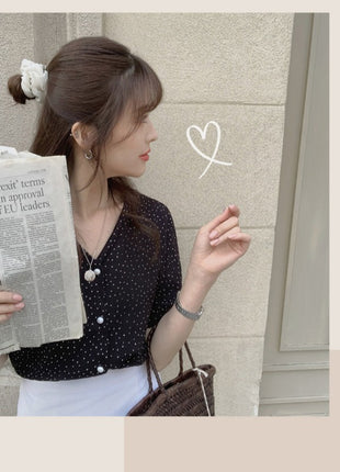 Chic Polka Dot V-Neck Chiffon Blouse Elegant Short Sleeve Retro Top