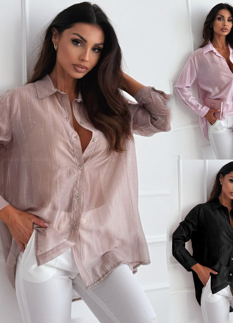 Trendy Rhinestone Sheer Long Sleeve Button-Down Cardigan Blouse Top