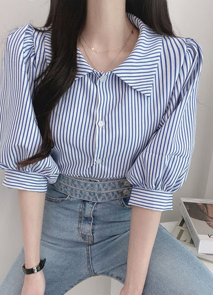 Women's Retro Striped Five-Point Sleeve Summer Shirt Loose Casual Polo Collar Blouse
