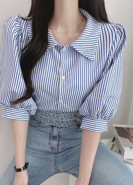 Women's Retro Striped Five-Point Sleeve Summer Shirt Loose Casual Polo Collar Blouse
