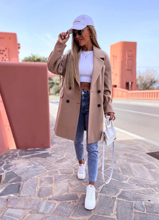 Women's Elegant Wool Blend Double-Breasted Longline Winter Coat Jacket