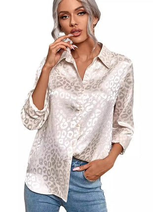 Chic Leopard Print Jacquard Long Sleeve Button-Up Shirt Women's European Style