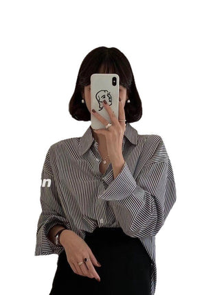 Chic Striped Long-Sleeve Button-Up Shirt: Loose Korean Style for Summer Comfort