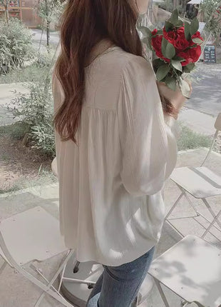 Chic Oversized Chiffon Blouse, Women's Square Neck Long Puff Sleeve Top
