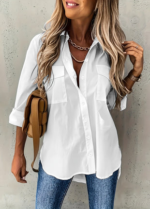 Women's Loose Fit Long-Sleeve Lapel Shirt with Pockets, European Style Blouse