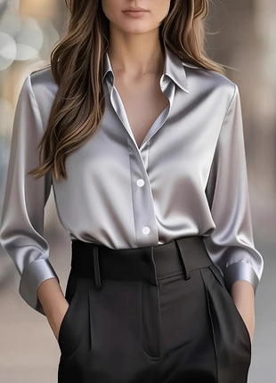 Chic Women's Long-Sleeve Button-Down Polyester Blouse for Business & Leisure