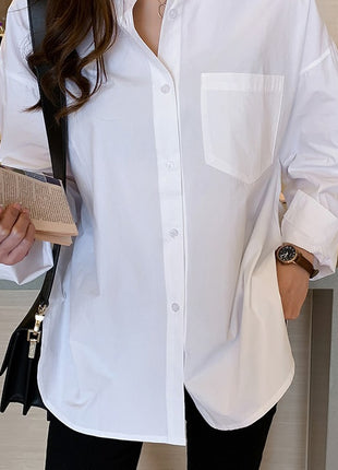Women's Casual Loose Fit Plus Size Solid Color Button-Down Long Sleeve Blouse Shirt
