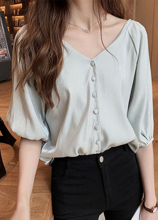 Elegant Korean Style Loose Fit Chiffon Short Sleeve V-Neck Blouse Top
