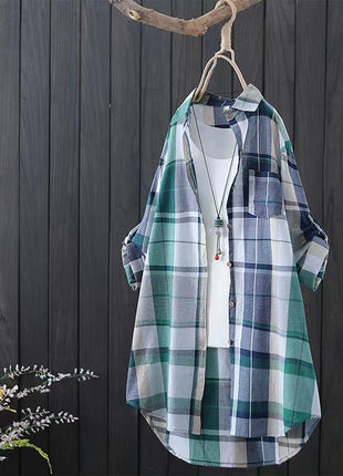 Women's Retro Plaid Long Sleeve Loose Cardigan Shirt with Pockets