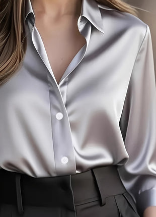 Chic Women's Long-Sleeve Button-Down Polyester Blouse for Business & Leisure