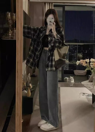 Chic Retro Plaid Long-Sleeve Button-Up Casual Shirt Jacket for Women