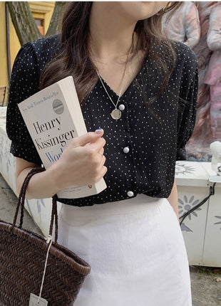 Chic Polka Dot V-Neck Chiffon Blouse Elegant Short Sleeve Retro Top
