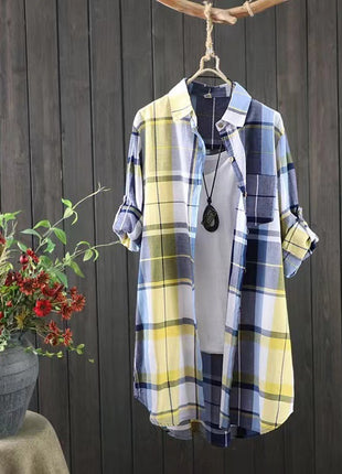 Women's Retro Plaid Long Sleeve Loose Cardigan Shirt with Pockets