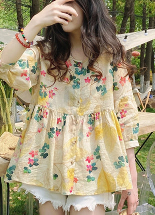 Chic Floral Print Loose Korean Style Women's Blouse - Sweet Puff Sleeve Top