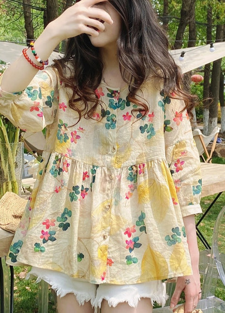 Chic Floral Print Loose Korean Style Women's Blouse - Sweet Puff Sleeve Top