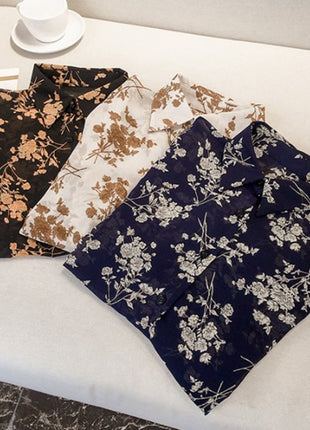 Elegant Floral Print Long-Sleeve Button-Up Shirt - Loose Fit, Korean Style, Versatile