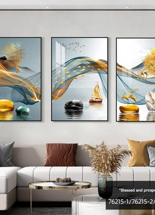 Modern minimalist living room decorative painting , canvas painting with border  With Frame SET OF 3 GOOD FORTUNE SHINES BRIGHTHY