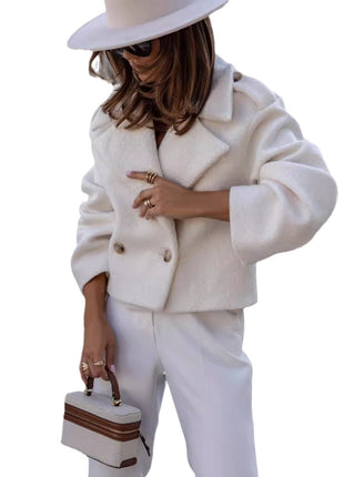 Fashionable Women's Wool Blend Suit Collar Long Sleeve Solid Winter Jacket