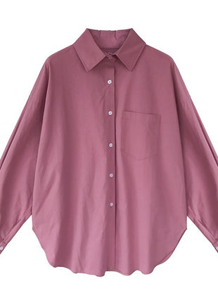 Women's Casual Loose Fit Plus Size Solid Color Button-Down Long Sleeve Blouse Shirt