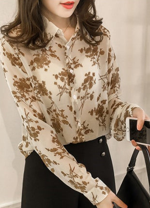 Elegant Floral Print Long-Sleeve Button-Up Shirt - Loose Fit, Korean Style, Versatile