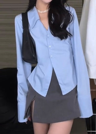 Stylish Slim-Fit Long-Sleeve Lapel Blouse - Chic French Style Crop Top