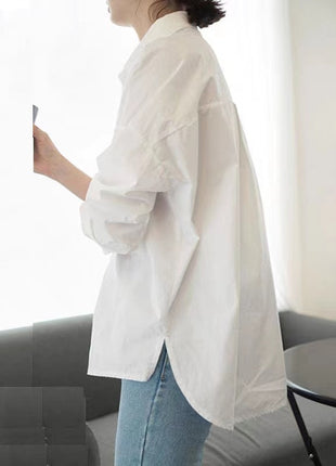 Dan Daiqi Korean Style White Cotton Loose Long-Sleeve Shirt for Women