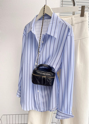 Chic European City Style Striped Oversized Long-Sleeve Casual Polyester Shirt