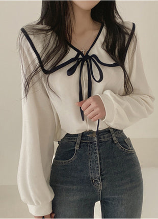 Chic French Korean Style Bow-Tie Loose Long Sleeve Shirt for Women
