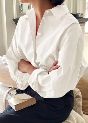 Elegant Women's Loose Fit Viscose Fiber Long-Sleeve Button-Down Shirt Top