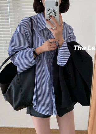 Chic Striped Long-Sleeve Button-Up Shirt: Loose Korean Style for Summer Comfort