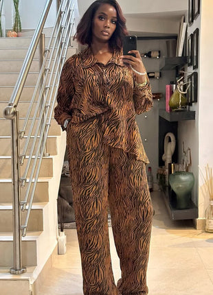 Chic Zebra Print Women's Long-Sleeve Shirt & Wide Leg Trousers Set