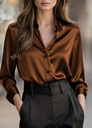 Chic Women's Long-Sleeve Button-Down Polyester Blouse for Business & Leisure