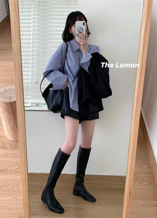 Chic Striped Long-Sleeve Button-Up Shirt: Loose Korean Style for Summer Comfort