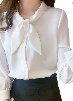 Chic Chiffon Long-Sleeve Blouse with Elegant Bow Tie & Doll Collar