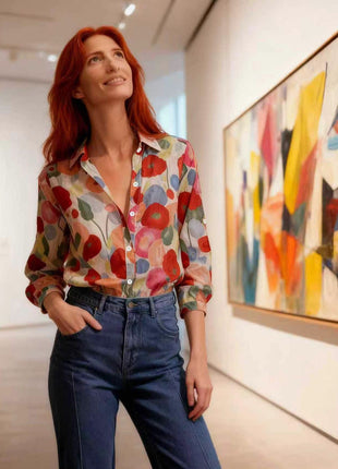 Chic Women's Floral Print Long Sleeve Blouse Top with Lapel Collar