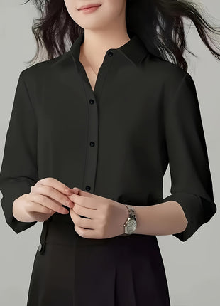 Elegant Commuter Long-Sleeve Button-Up Shirt - Pure Color Polyester Blend