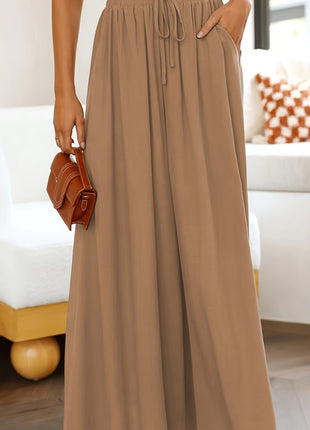 Plus Size Loose Fit Flared Trousers, European Style Elastic Waist Leisure Pants