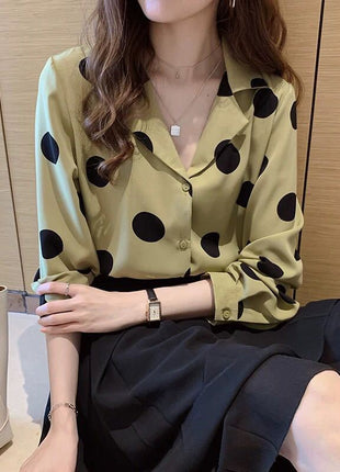 Elegant Polka Dot Shiffon Long-Sleeve Shirt for Women, Retro Spring Style