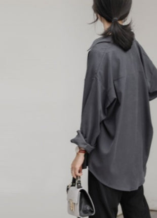 Stylish Oversized Retro Long-Sleeve Button-Up Shirt for Women, Polyester Fall Comfort