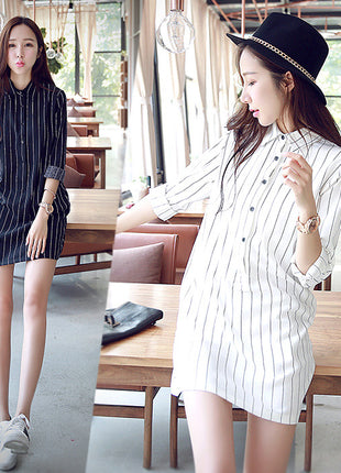 Women's Plus Size Striped Chiffon Mid-Length Button-Down Long Sleeve Blouse