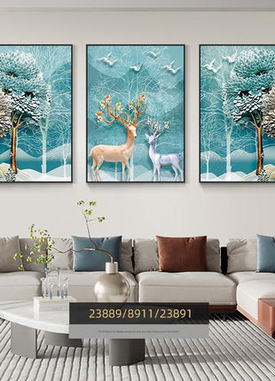 Modern minimalist living room decorative painting , canvas painting with border  With Frame SET OF 3 LUCKY DEER