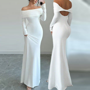 Elegant Off-Shoulder Long Sleeve Bodycon Dress - Slim Fit Hip-Accented Autumn Wear