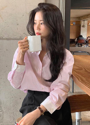 Korean Style Oversize Striped Long-Sleeve Lapel Cardigan Shirt for Women